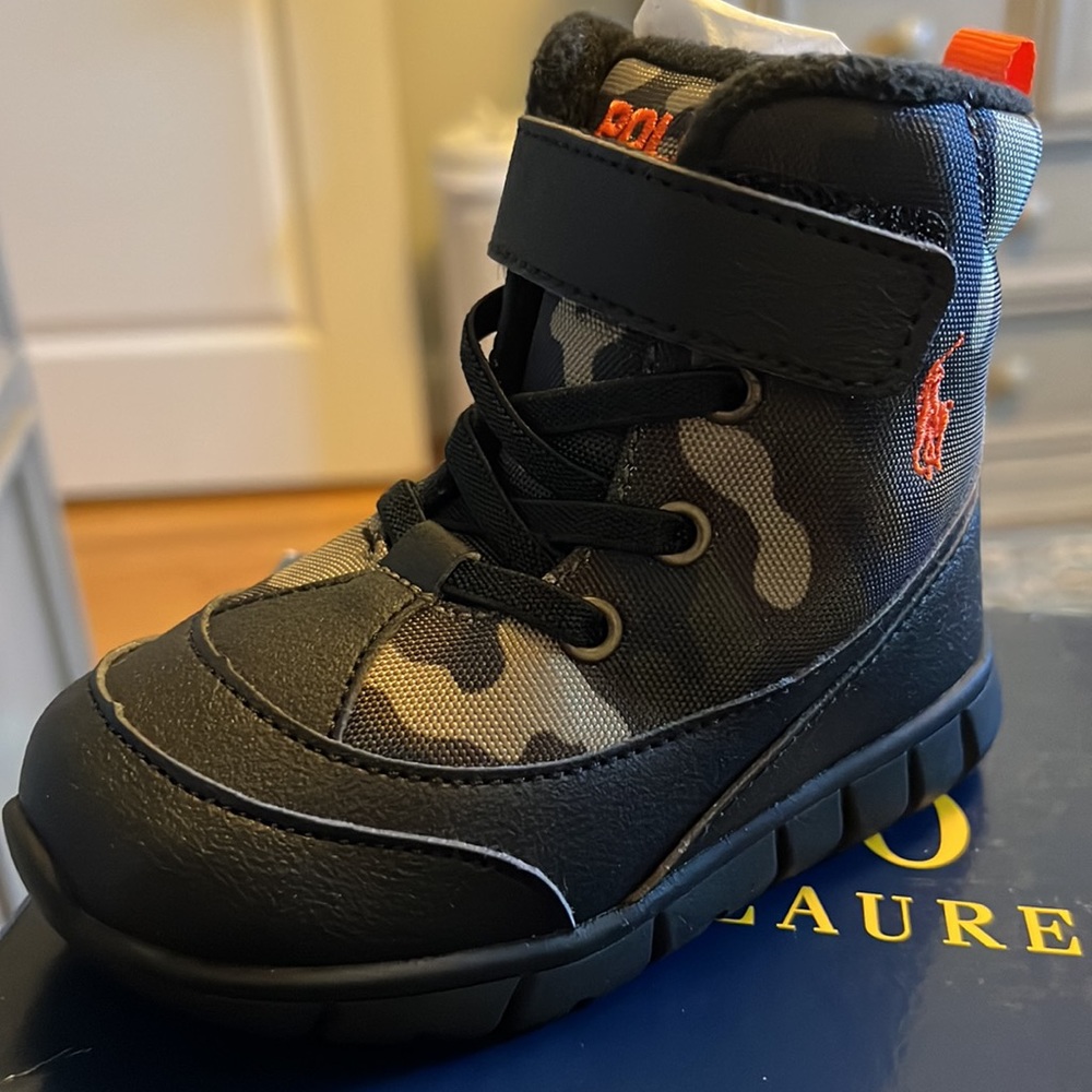 NIB Ralph Lauren, camo and black/orange toddler size 7 winter boots